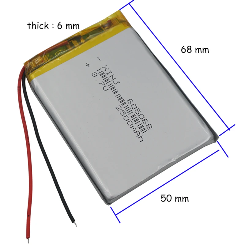 3.7V 2500 mAh 9.25Wh Rechargeable Li-Polymer Li Lithium Battery 605068 Lipo For DashCam PSP Phone E-Book PAD MID Tablet PC