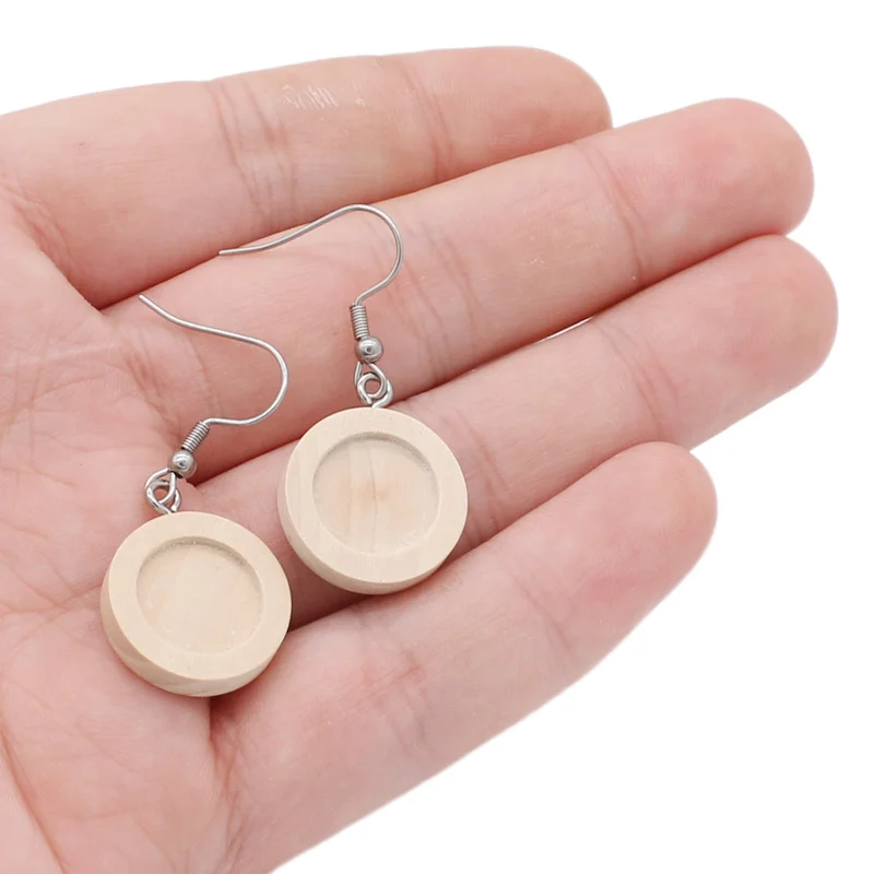 Aiovlo 20pcs/lot Blank Wood Cabochon Earring Base and Stainless Steel Hook Earrings Settings Fit 12mm for Diy Jewelry Findings