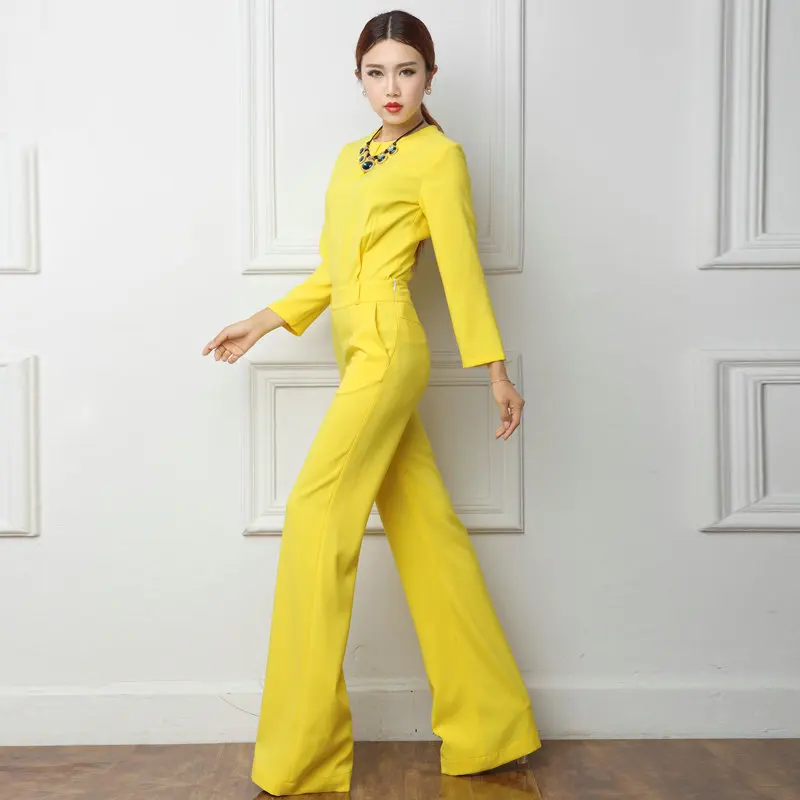 2018 Spring Office Lady Women One Piece Outfits Jumpsuits Long Sleeve Loose Wide Leg Pants Sexy Bule Yellow Rompers Playsuit