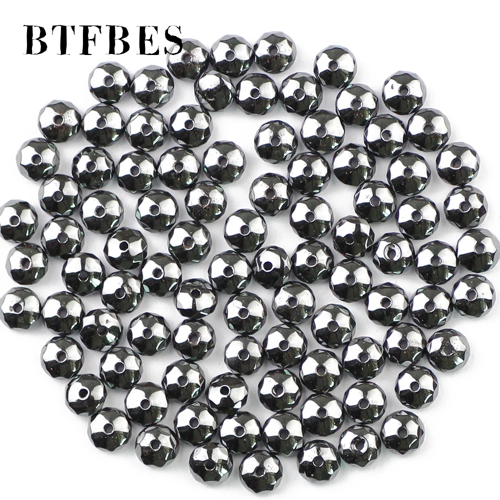 BTFBES Faceted Hematite Flat Round Loose Beads Natural Black Stone Ball Selectable 3/4/6/8/10MM Beads For Jewelry Bracelet DIY