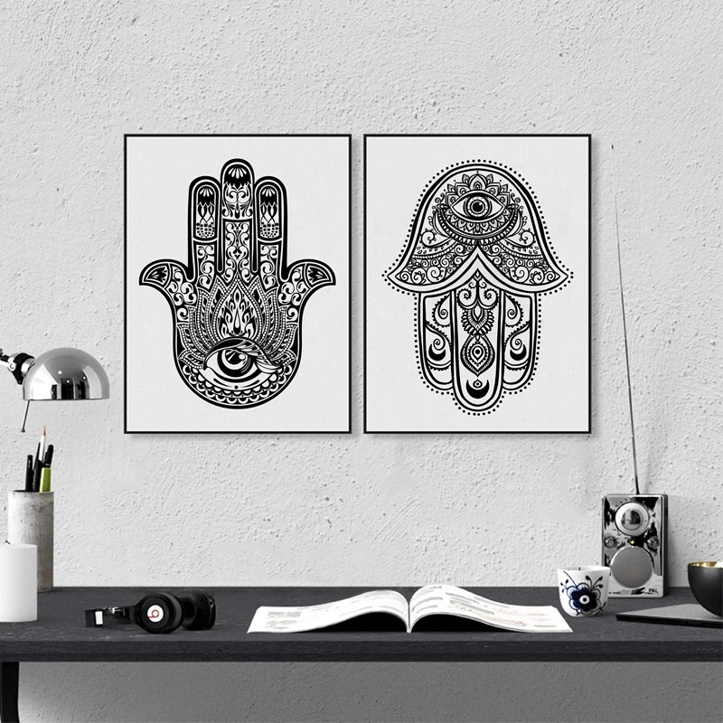 Amuleto adornado dibujado a mano, mano de Fátima de Hamsa, imagen artística impresa para pared, pintura en lienzo de mano de Hamsa, póster, decoración árabe para el hogar
