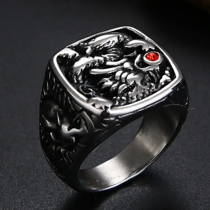 EdgLifU Men Gold Black Ring Gold Raising Dragon With Red stone eye Vintage Ring Stainless Steel Punk Finger Band Ring For Men