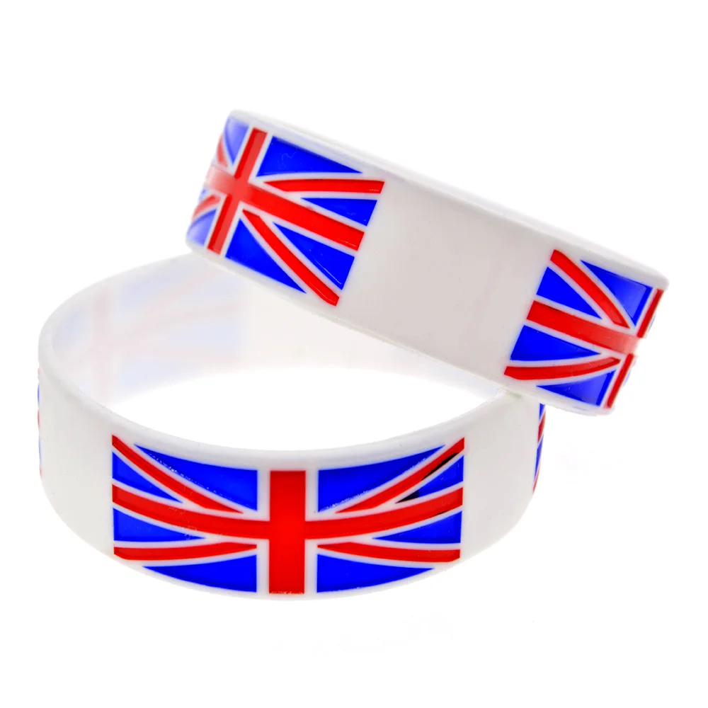 25 Pcs British Flag Silicone Rubber Wristband 1 Inch Wide Bracelet White