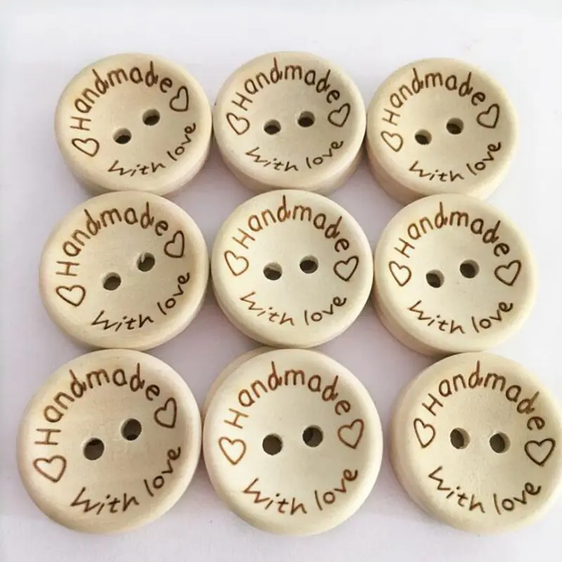 100pcs 15/20/25mm carving handmade with love Wood Buttons Flatback 2 Holes Wooden button Sewing Tools DIY Scrapbook Craft