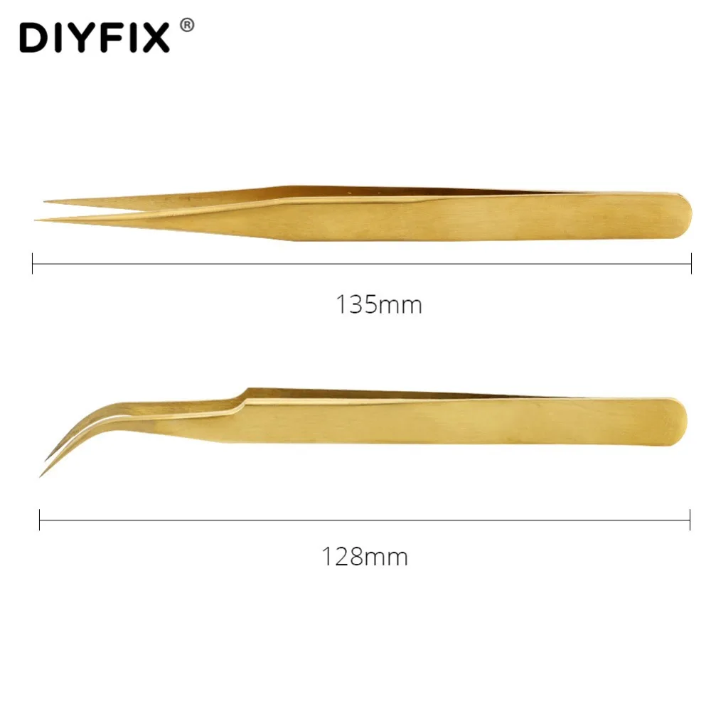 DIYFIX pinzas de precisión, pinzas de extensión de pestañas, puntas rectas curvadas, pinzas de galvanoplastia, juegos de herramientas manuales de punto fino, 2 uds.