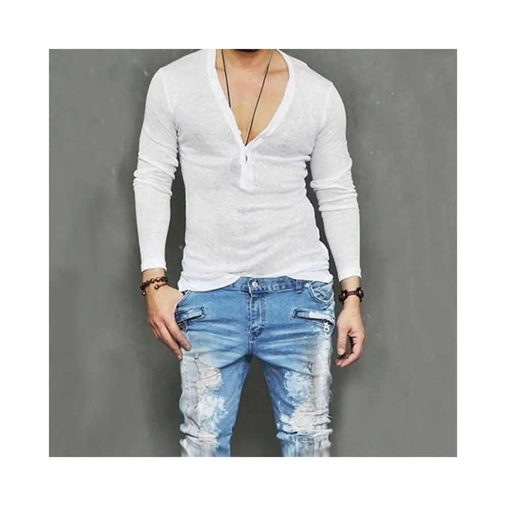 US Stock Fashion Men Casual Slim Fit Long Sleeve Deep V-neck Sexy Shirt T-shirts