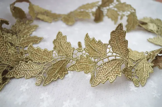 10 Yards Gold Crochet Lace Trim With Floral Leaves, Golden Venise Lace Trim by the yard, GT033