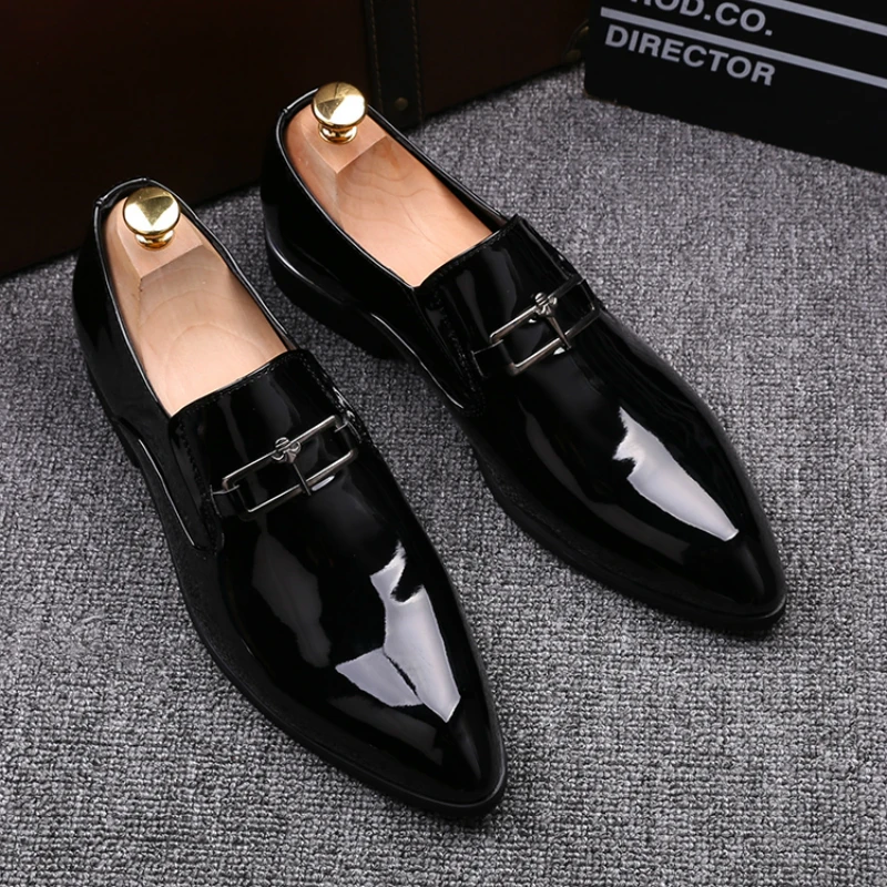 

men casual business wedding formal dress bright patent leather shoes slip on lazy driving oxfords shoe black red loafers zapatos