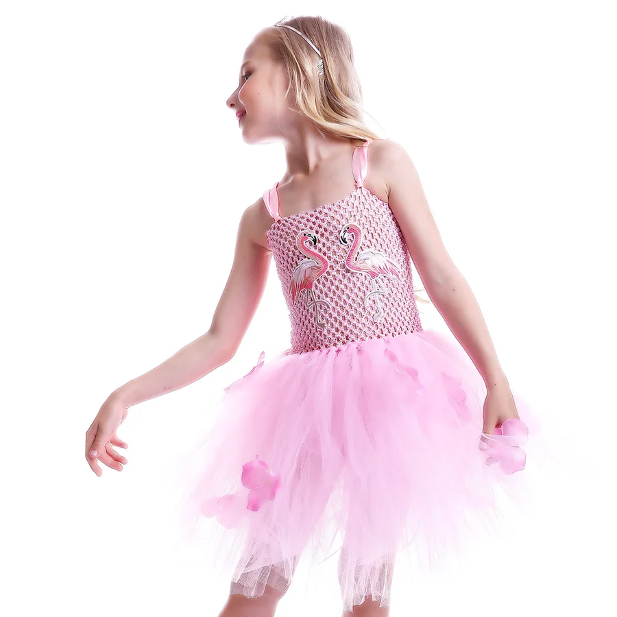 Girls Flamingo Princess Dress Pink Flower Tulle Clothes Kids Birthday Party Dresses 2018 Brand Animal Costume Flamingo Vestidos