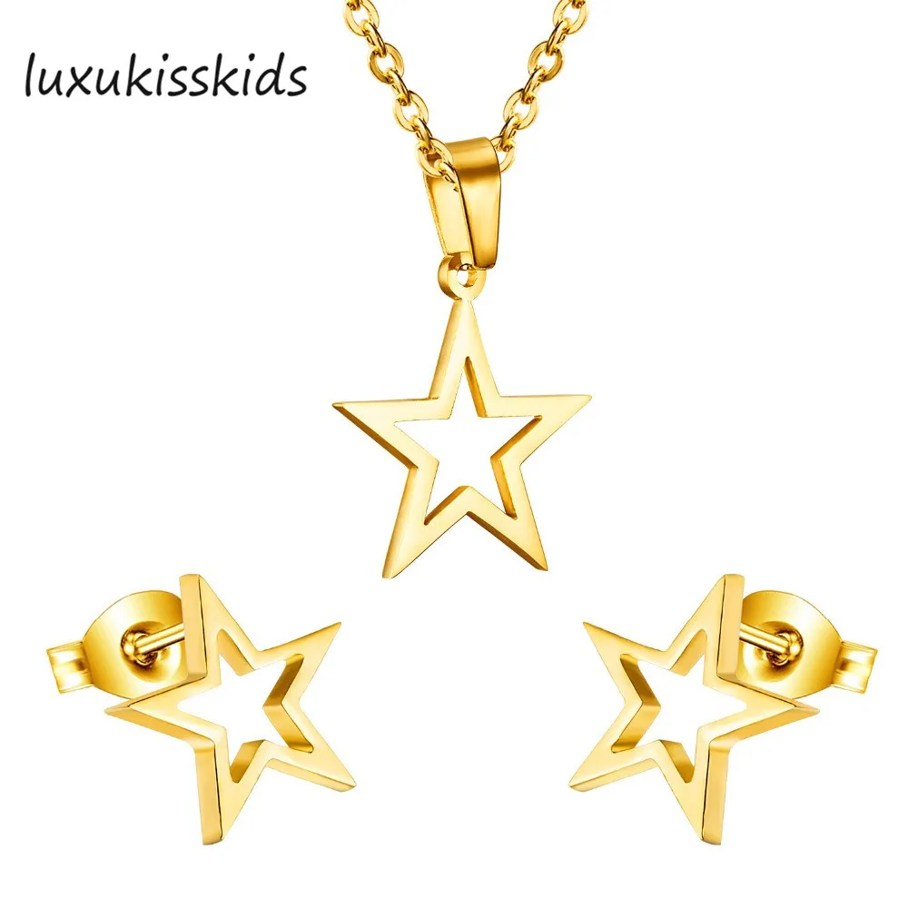 LUXUKISSKIDS Golden Stianless Steel Star Jewelery Sets Wedding Bridal Earrings and Pendant Necklace for Women/Girls Dubai Bijoux