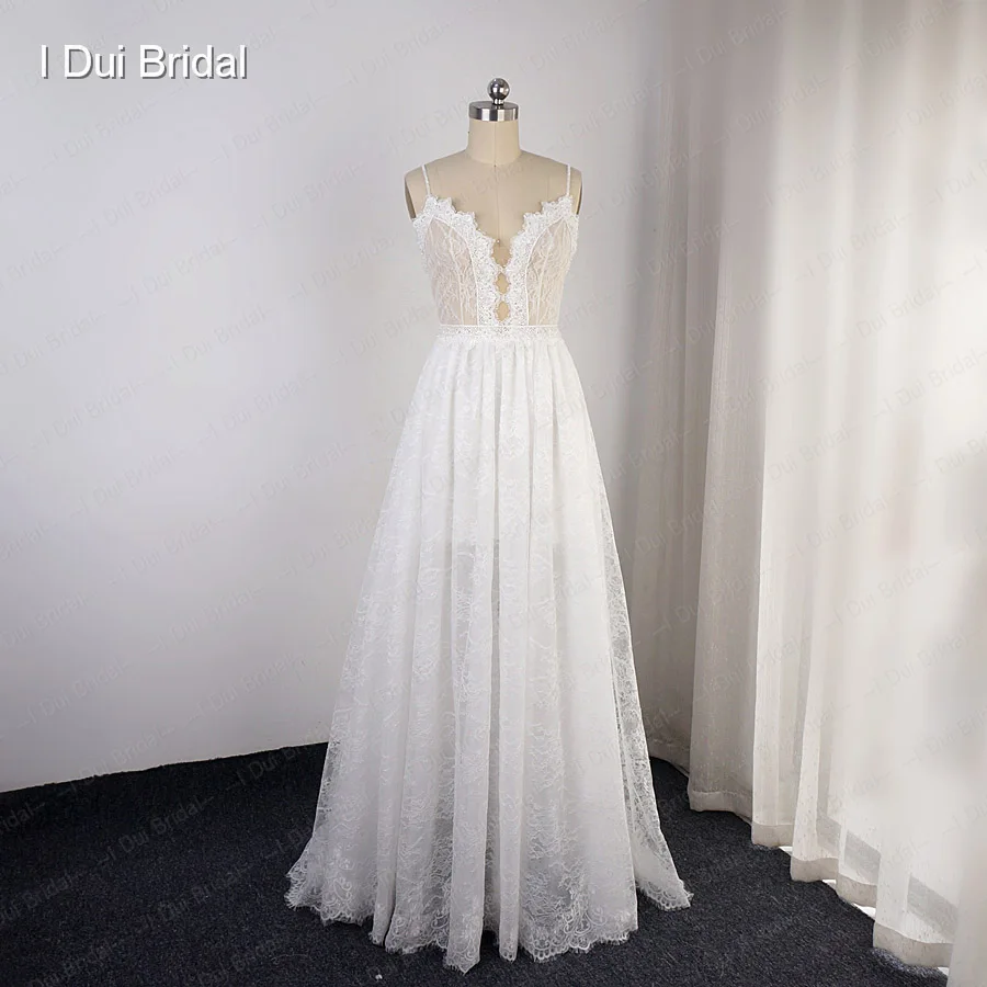 Robe de mariée en dentelle à bretelles Spaghetti perlées, effet d'illusion, encolure, jupe courte à l'intérieur, robe de mariée sur mesure en usine