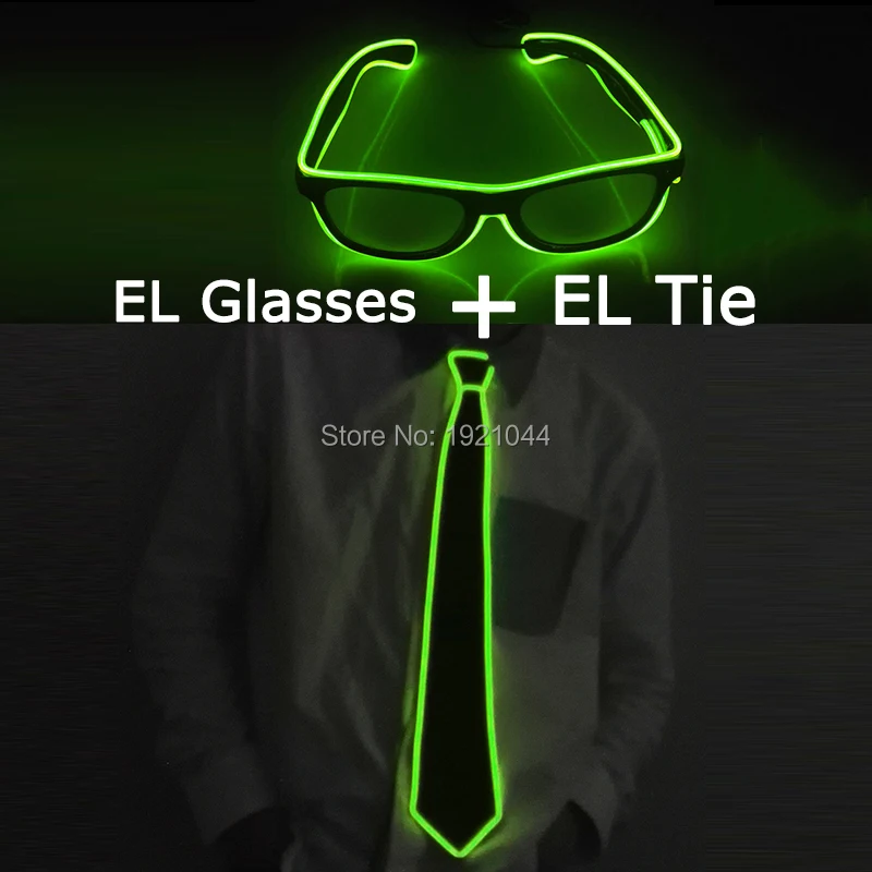 New Design EL Product Set EL Glowing Glasses + EL Luminous Tie Fashion Cool LED Light up Glasses Night Club Costume Props