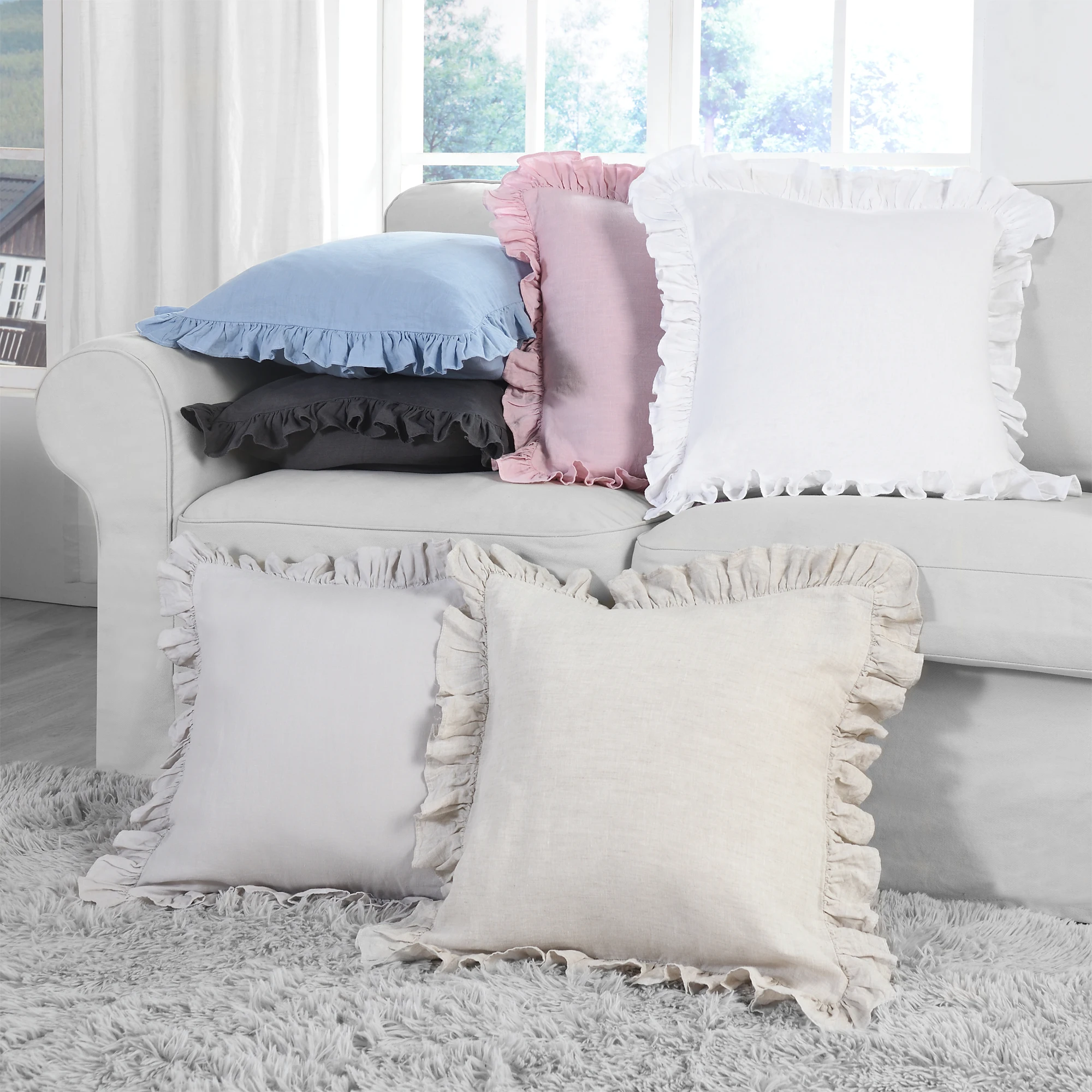 SIMPLEOPULENCE 100% Linen Throw Pillow Pure Flax Cushion Ruffles Cushion