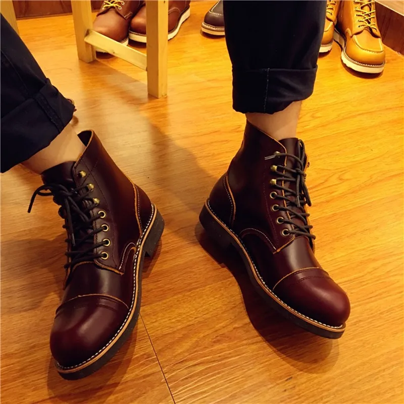 Handmade Genuine Leather Original Unisex Spring Winter Boots Men Wing Motorcycle Fashion Work Wedding Boots Wine Red Color