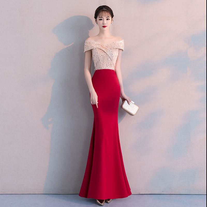 

Mermaid Evening Dress 2019 Fashion Banquet Wine Red Prom Dress Sequined Off the Shoulder Sexy V-neck Party Dresses Haute Couture