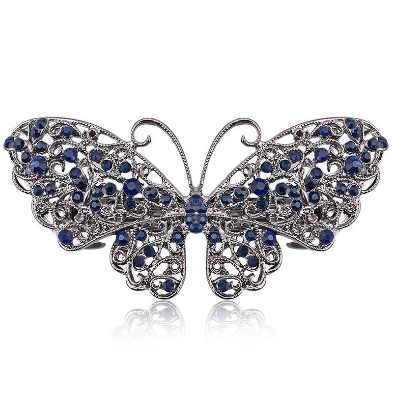 EASYA Vintage Blue Rhinestone Hairwear Butterfly Flower Hair Barrettes Women Hair Clips Retro Bow Hair Accessories Jewelry