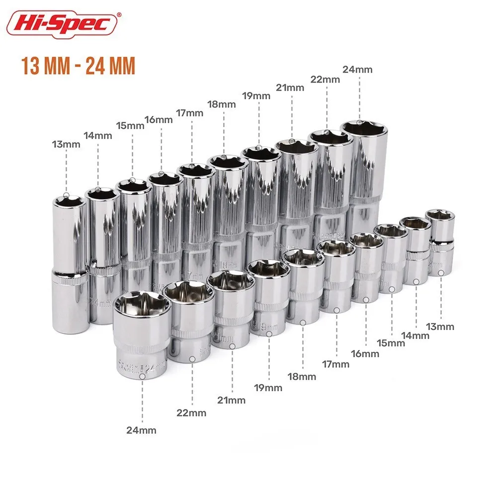 Hi-Spec 10pc 1/2 inch Short Long Socket Set CRV 10-24mm Deep Socket Adapter for Torque Ratchet Socket Wrench Spanner Repair Tool