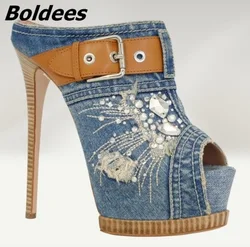 Boldees New Arrival Blue Denim Platform Slippers Women Stylish Jeans Crystal Buckle Decorated Peep Toe Sandals Stiletto HeelShoe