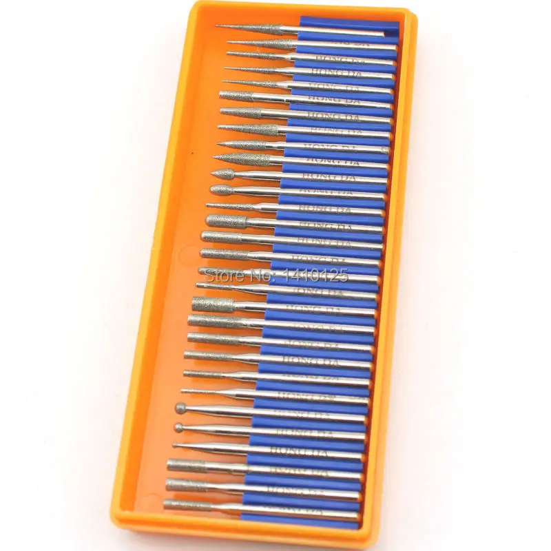 30 Pcs Bur Diamond Grinding Head Set Coated Carving Burrs Rotary Tool Bit Grit 120 Shank 2.35/3mm for Dremel Tools Accessories