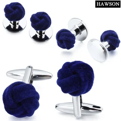 HAWSON Velvet Cufflink and Stud Set for Men, Silk Knot Cufflinks Men's Tuxedo Shirt Blue Velvet Cufflinks Button