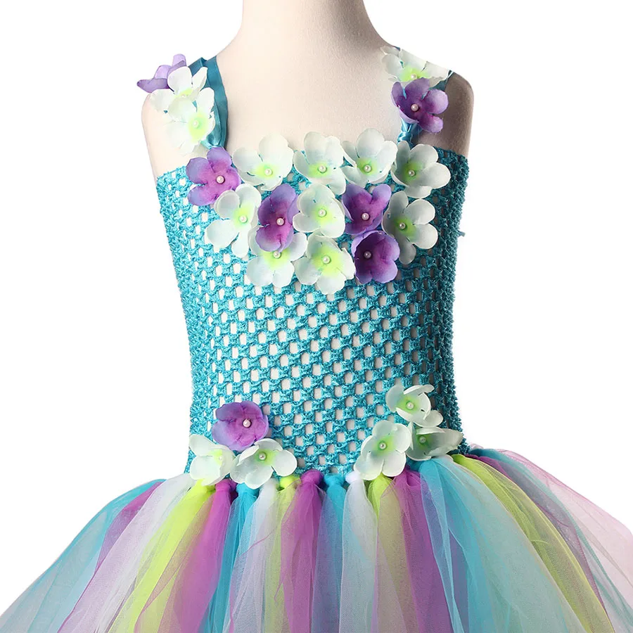 Kids Princess Flowers Rainbow Tutu Dress Baby Long Tail Fairy Costume Girls Colored Wedding Ball Gown Baby Party TUTU Clothing