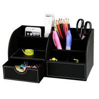 7 Storage Compartment PU Leather Desk Organizer Desktop Organizer Card/Pen/Pencil/Mobile Stationery Storage Box (Black)