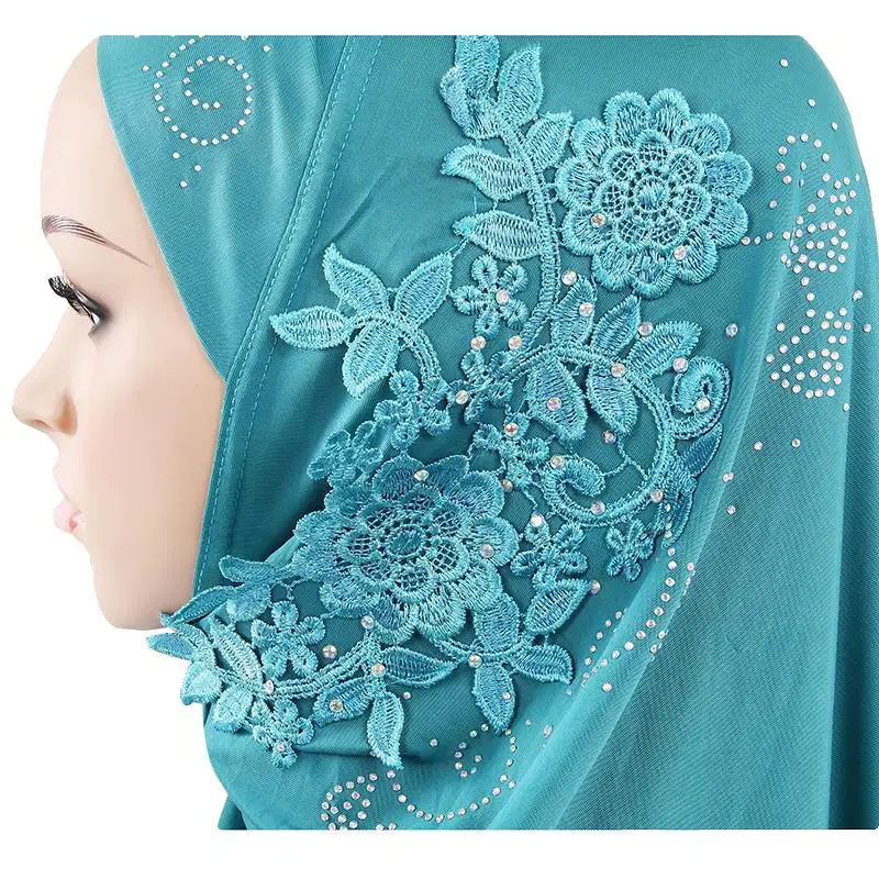 Diamonds Lace Hijab Muslim Women One Piece Amira Overhead Prayer Hijabs Instant Scarf Headscarf Shawls Wrap Pull On Ready Made