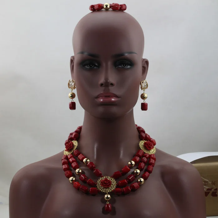 Dubai African Quality Wine Red Coral Beads Bridesmaid Necklace Set Pendant Indian Real Coral Bridal Jewelry Set Free ShipABL871