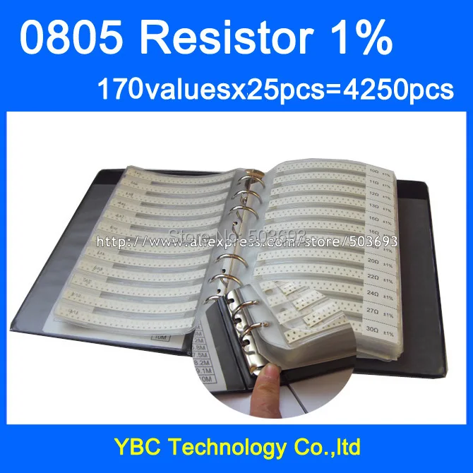 

Free shipping 0805 SMD Resistor Sample Book 1% Tolerance 170valuesx25pcs=4250pcs Resistor Kit 0R~10M