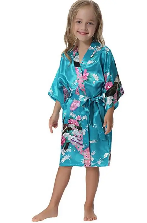 Kids Robe Satin Children summer Kimono Bath Robes Bridesmaid Flower Girl Dress Silk children\'s bathrobe Nightgown Peacock robe