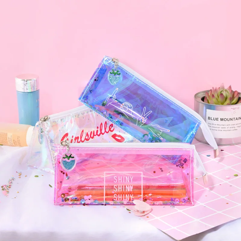 Fashion Harajuku Hologram Metallic Color Sequin Transparent Laser Pencil Case Woman Cosmetics Storage Bag Student Stationery