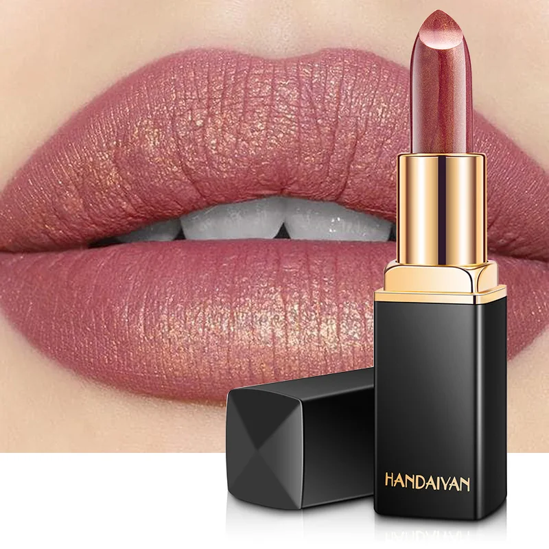 HANDAIYAN Brand Professional Lips Makeup Waterproof Long Lasting Pigment Nude Pink Mermaid Shimmer Lipstick Luxury Makeup