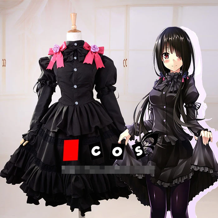 

Anime! Date A Live Tokisaki Kurumi Date Wear Cute Lolita Dress Black Uniform Cosplay Costume Any Size Full Set Free Shipping