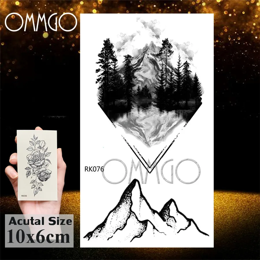 OMMGO Mountain Design Black Forest Temporary Tattoos Sticker For Women Small Triangle Fake Tattoo Art Waterproof Tatoos Sheet