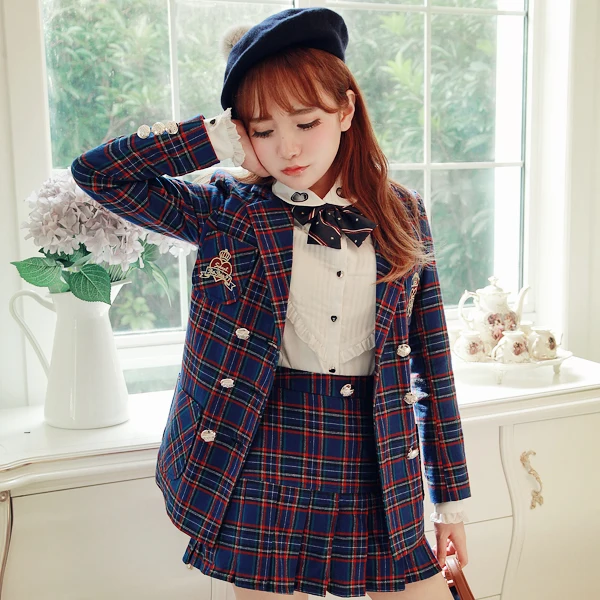 Princess sweet lolita coat BoBON21 Original design College style British grid plaid Double embroidery Got-up figure coat C1271