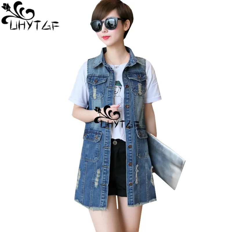 

UHYTGF Mid-length denim vests for women new Fashion blue tassel Spring summer vest waistcoat Sleeveless Casual Female jacket 441