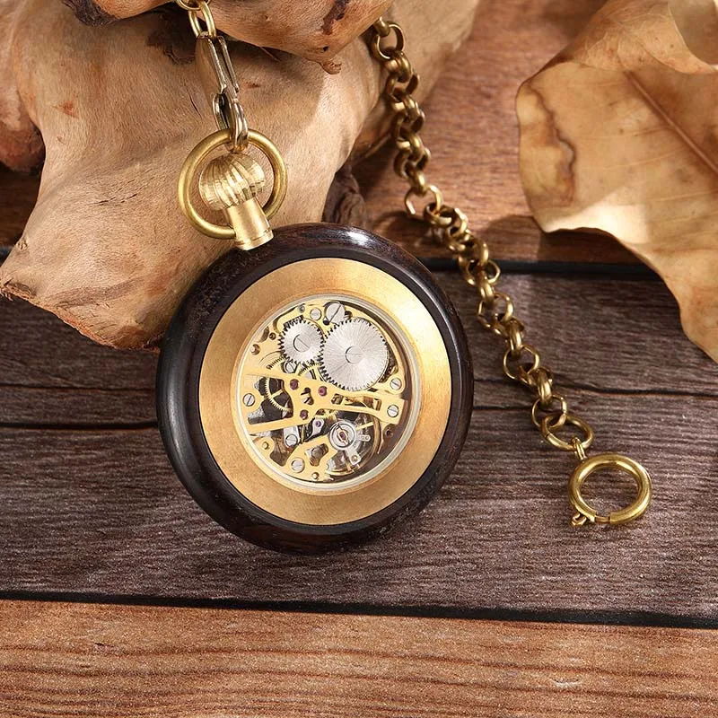 Retro Wooden Pocket Mechanical Watch Men & Women Hand Wind Chain Necklace Red Rose Black Wood Watches for Men and Women Unisex