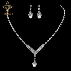 TREAZY Simple Bridal Bridesmaid Jewelry Sets Fashion Silver Plated Crystal Wedding Jewelry Sets Necklace Earrings Set for Women