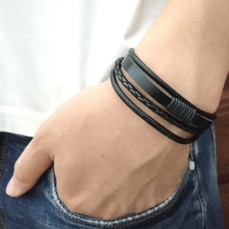 Men Bracelet Punk Black/Brown/Blue/Lake Blue Braided Leather Bracelet Bangle Male Accessories Jewelry Black Leather Bracelets