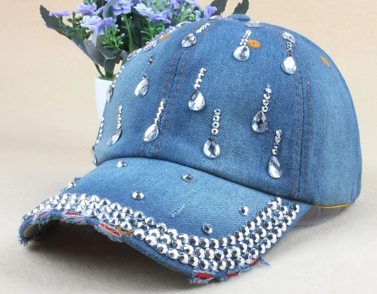 New Denim Hip Hop Caps Fashion Leisure Woman Cap With Water Drop Rhinestones Vintage Jean Cotton Baseball Caps For Men Hot Sale