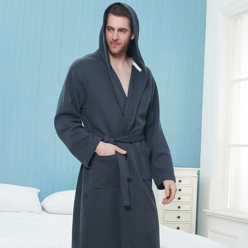 Bathrobe Men 100% Cotton Winter Thickening Warm Flannel Hooded Gown Kimono Bathrobe Male Sleepwear Nightgown Homme Autumn Winter