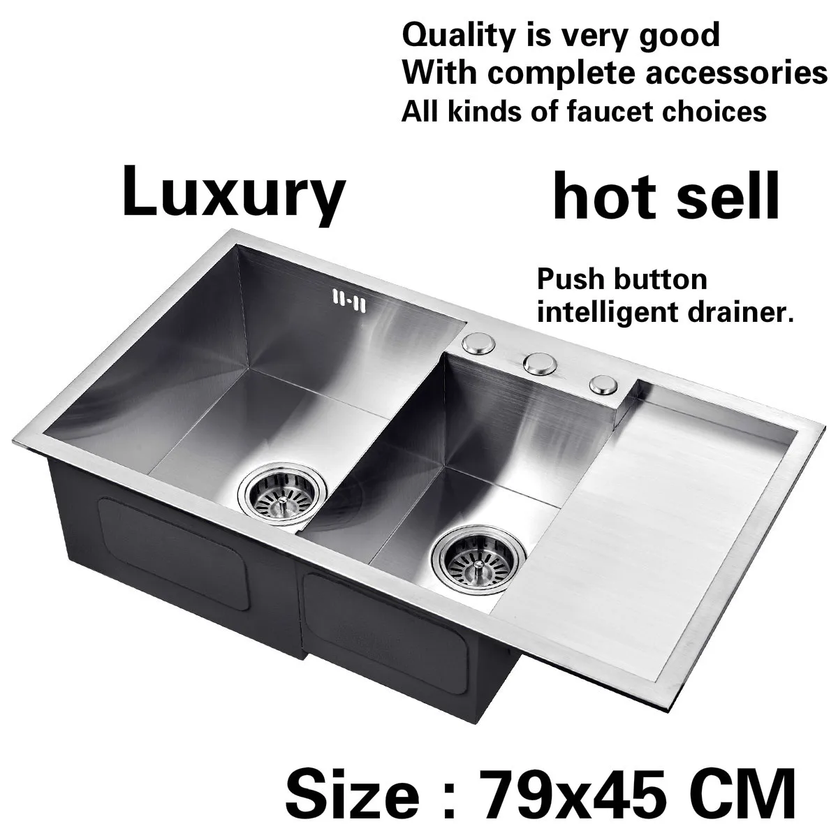 

Free shipping Hot sell luxury push button intelligent drainer kitchen manual sink double groove 304 stainless steel 790x450 MM