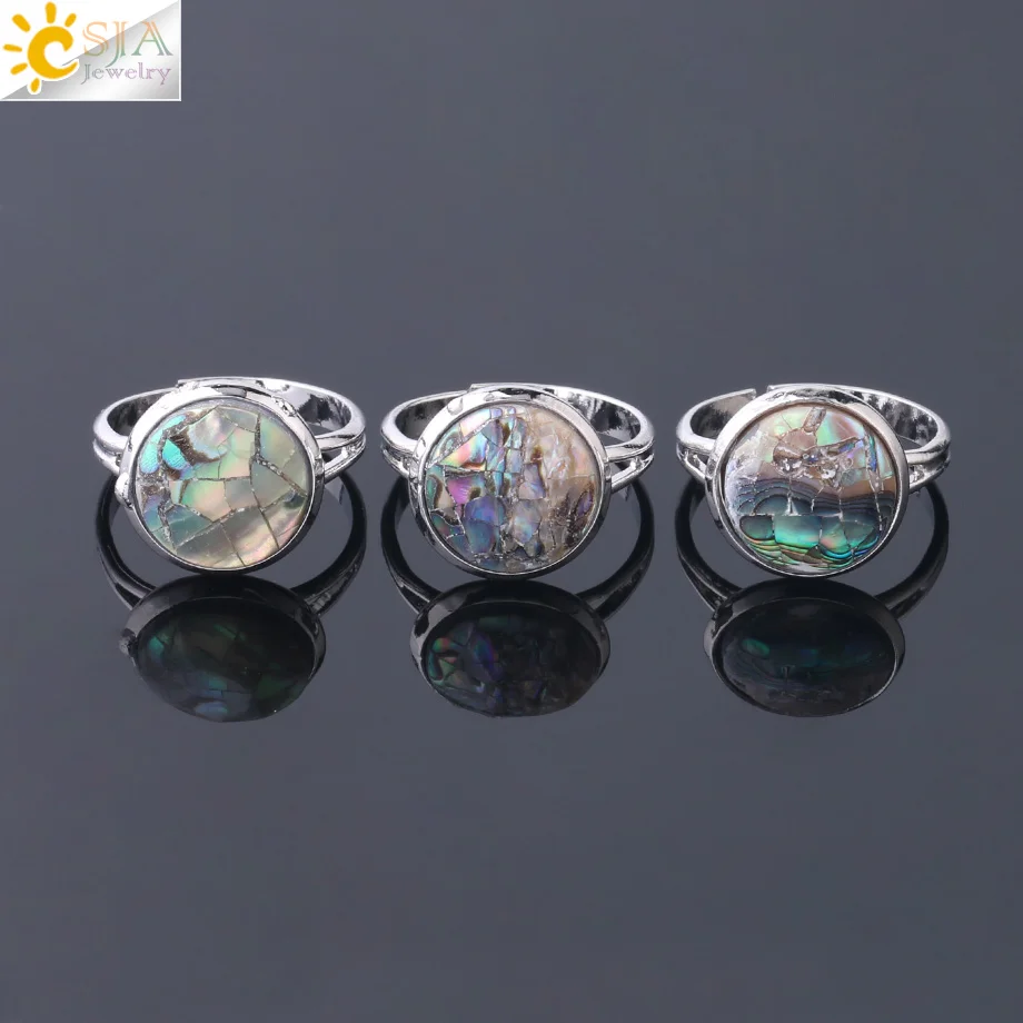 CSJA Round Natural Seashell Ring Pink White Colorful Abalone Shell Adjustable Women Finger Rings Party Daily Summer Jewelry F904