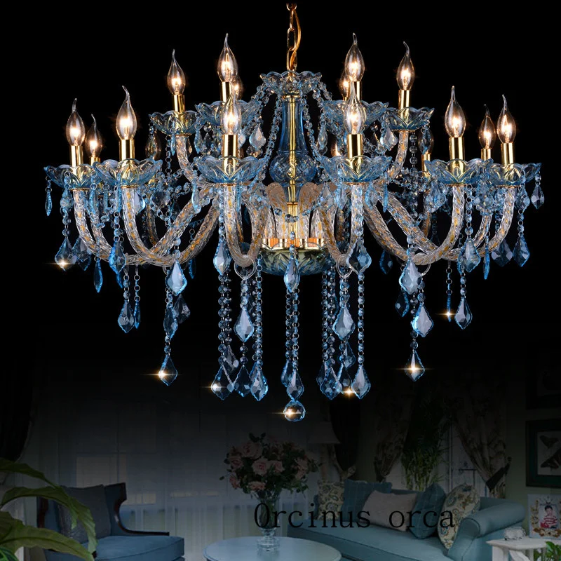 

American Pastoral Mediterranean Blue Crystal Pendant with blue color golden all-match creative personality Crystal Chandelier