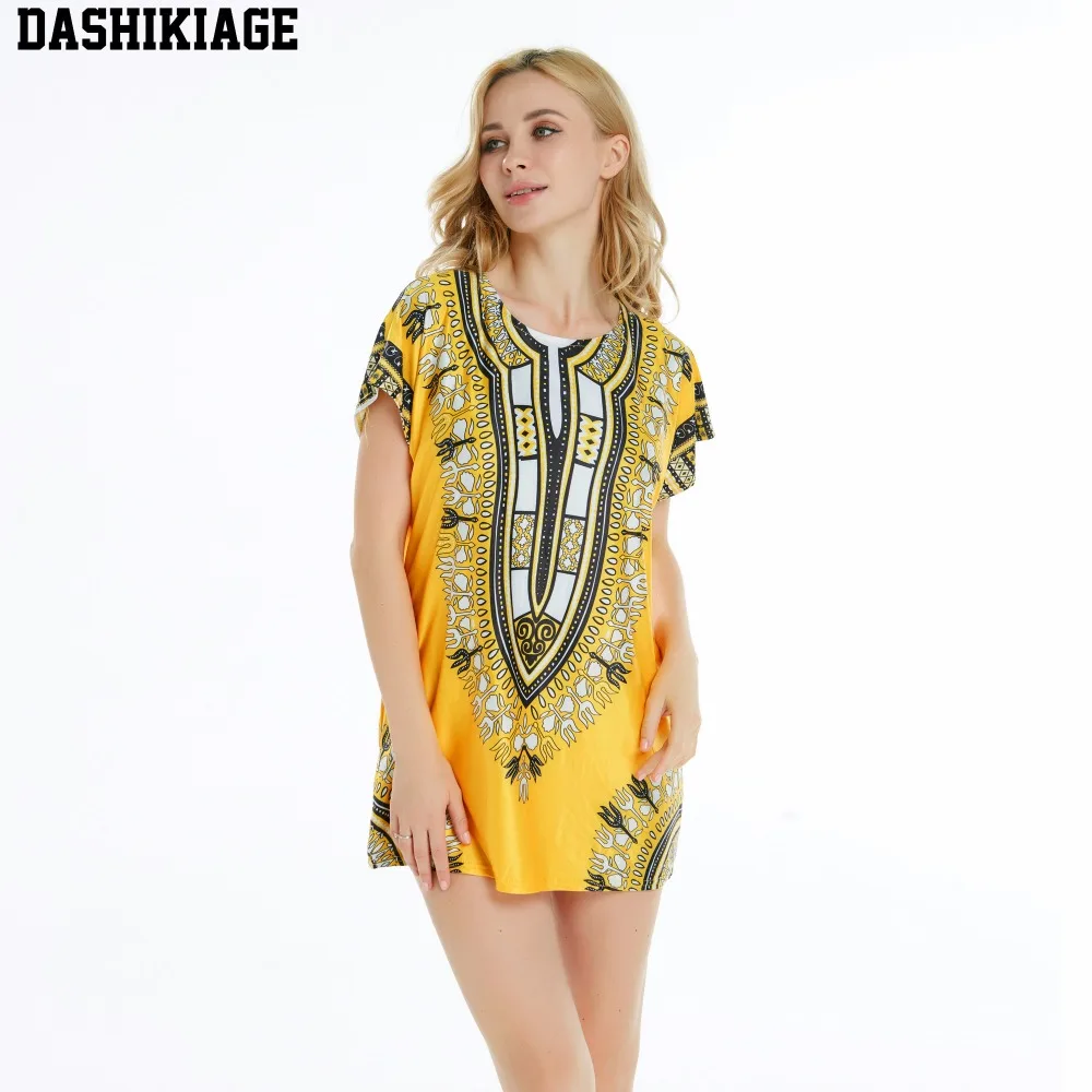 

Yellow Cute Sexy Succunct African Tranditional Print Dashiki Bohemian Top T-shirt Dress