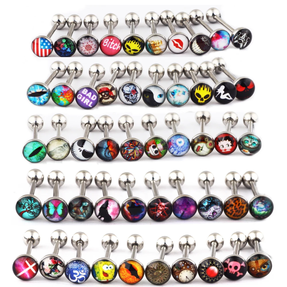 TIANCIFBYJS Surgical Steel Metal Lot of Logos Tongue Rings Straight Barbells Ear Body Piercing Jewelry 14g - Length 5/8\