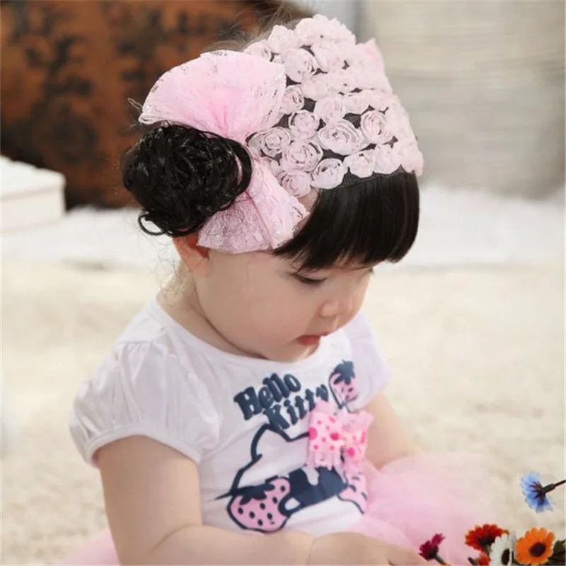 Newborn Pink baby hat Toddler Baby Warm Hat girls Caps Lace Girls Hats Wig fake bangs for Newborn as gift