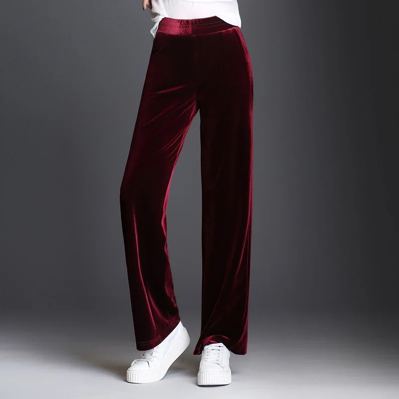 Fall Winter Fashion Women Wine Red Black Wide Leg Elastic High Waist Velvet Pants , Female Casual Womens Spring Velour Trousers