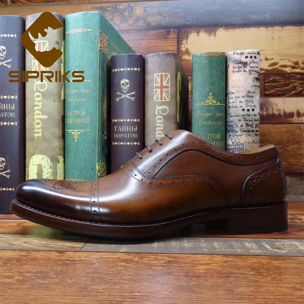 Sipriks-Sapatos masculinos folheados Goodyear, pele de bezerro, brogues marrom escuro, Oxfords, sapatos luxuosos personalizados, homens de negócios, casamento, França