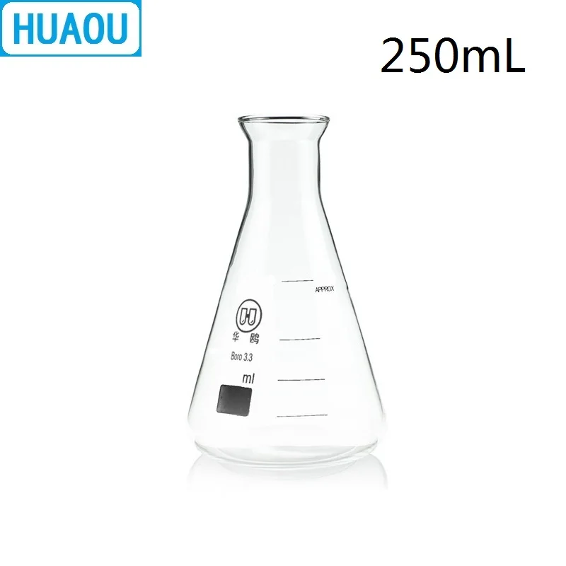 HUAOU 250mL Erlenmeyer Flask Open Horn Bell Mouth Narrow Neck Borosilicate 3.3 Glass Conical Triangle with Graduaition